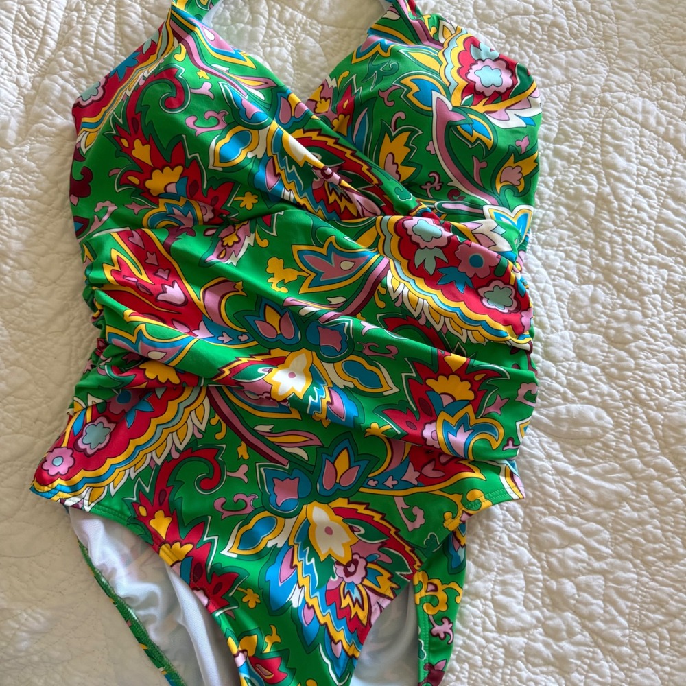 Boden Levanzo Halter One Piece Swimsuit Green Paisley Ruched NWT US 8R UK 12R